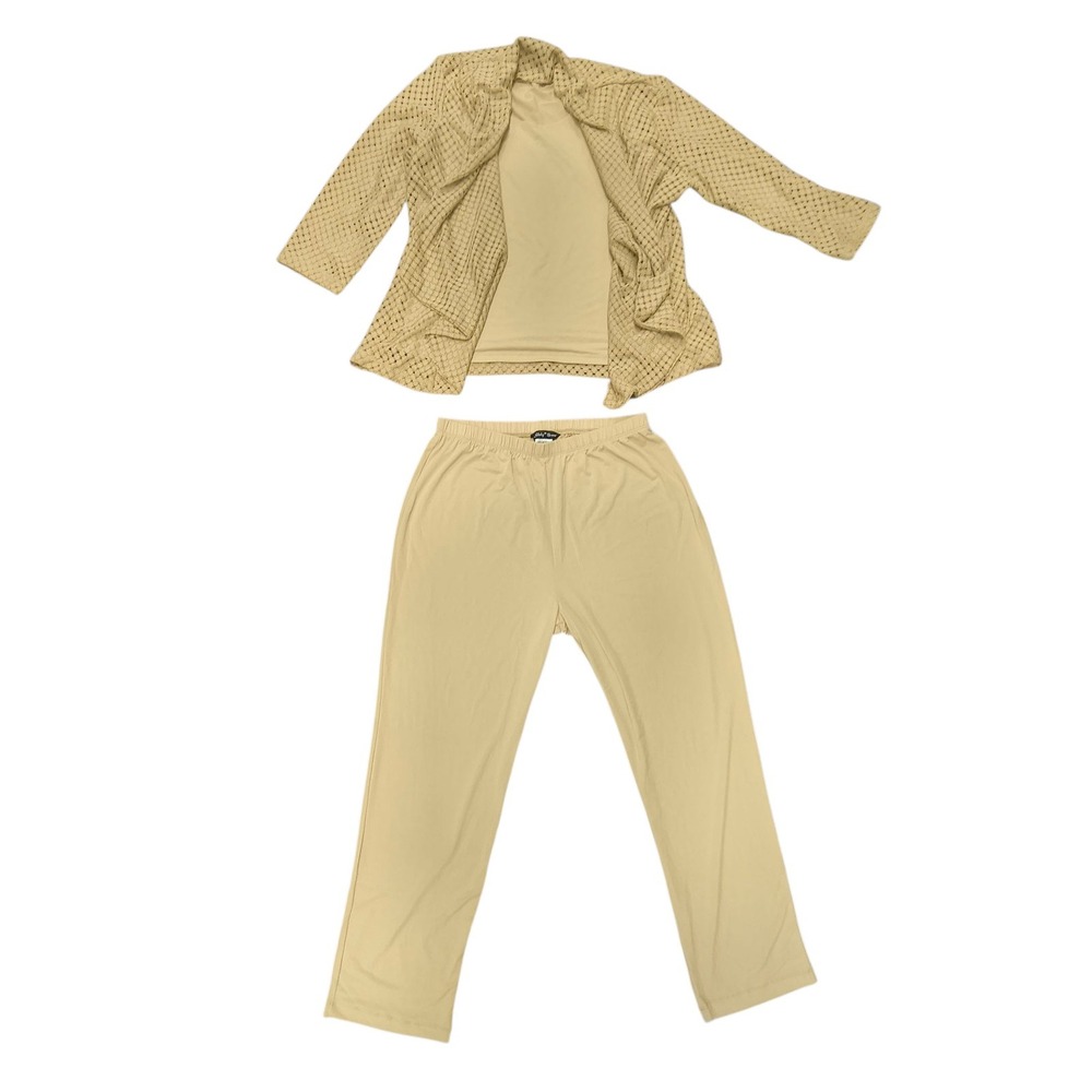Slinky Brand 3 Piece Tan Duster Cardigan Tank Pant Set Elastic Waist Stretch